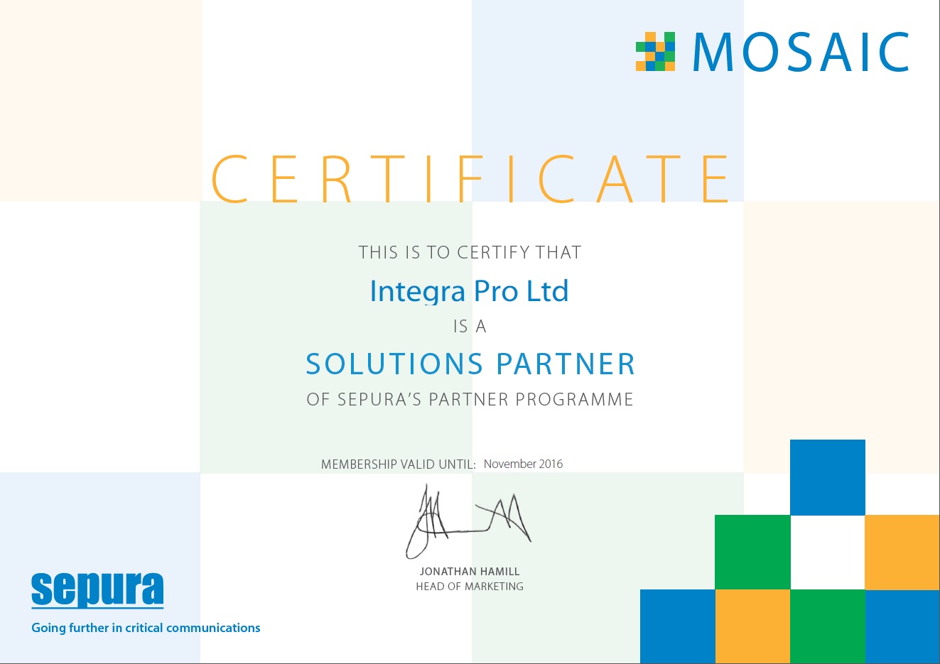 Интегра Про получила статус Sepura Solution Partner и стала участником программы Mosaic